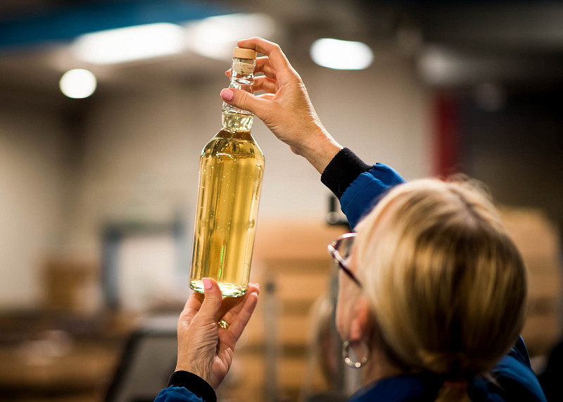A woman holds up a bottle of whisky to inspect for quality at a bottling plant.